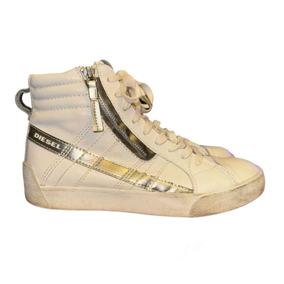 Diesel D-String Plush High Top Sneaker Women's 8.5 White Silver Leather Side Zip - Picture 5 of 10